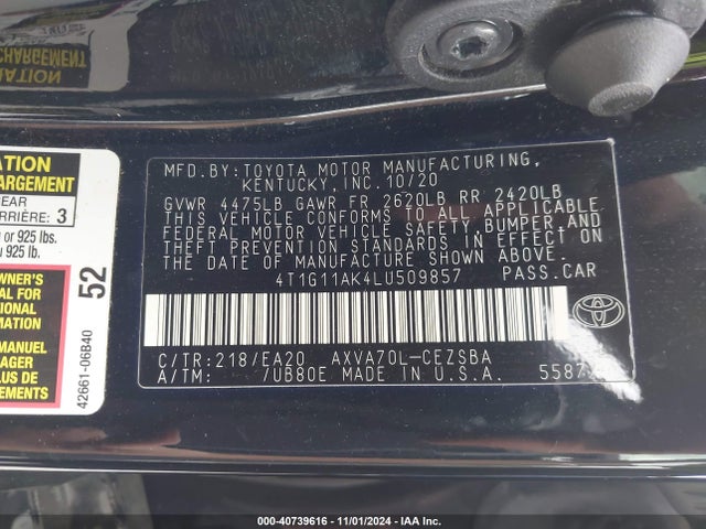 Toyota CAMRY SE 2020 4T1G11AK4LU509857 Image 9
