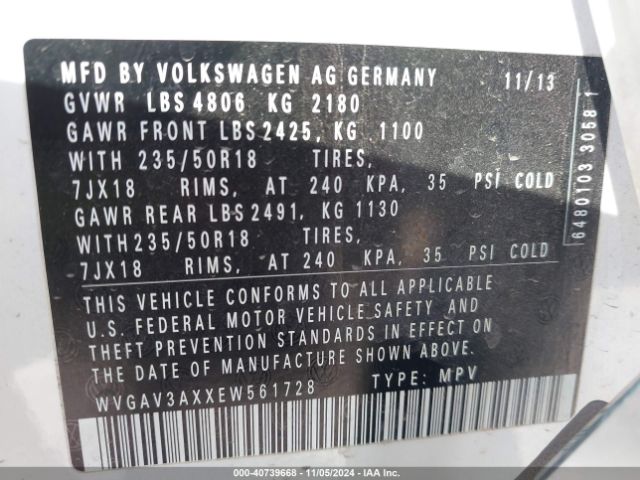 WVGAV3AXXEW561728 Volkswagen Tiguan Sel