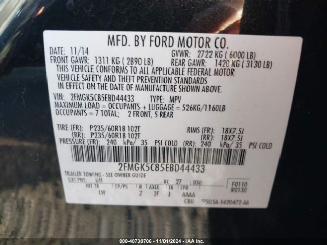 2FMGK5C85EBD44433 Ford FLEX SEL