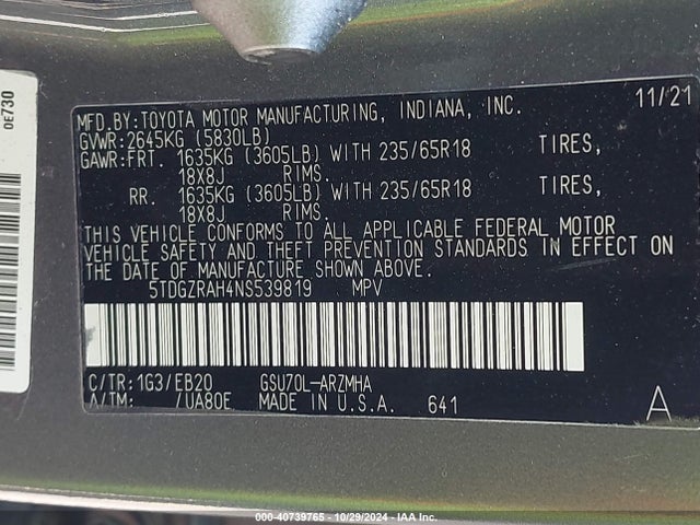Toyota Highlander Xle 2022 5TDGZRAH4NS539819 Image 9