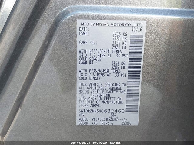Nissan Pathfinder Sv 2017 5N1DR2MN5HC632460 Image 9