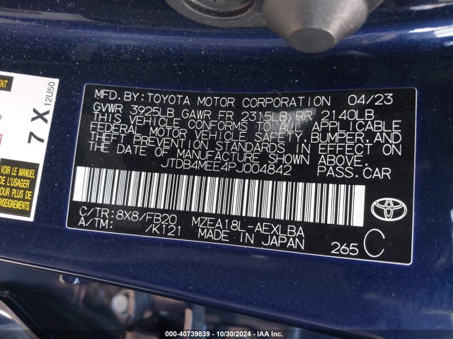 Toyota COROLLA LE 2023 JTDB4MEE4PJ004842 Image 9