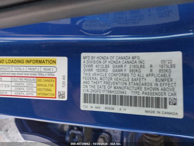 2HGFE1F75NH320943 Honda CIVIC EX