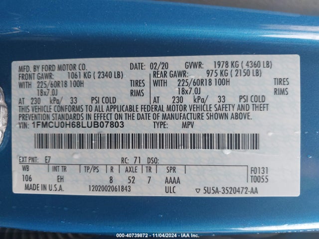 Ford ESCAPE SEL 2020 1FMCU0H68LUB07803 Image 9