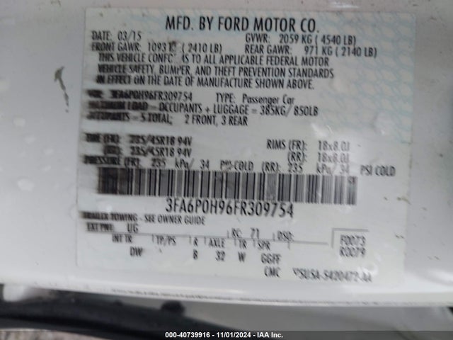 Ford FUSION SE 2015 3FA6P0H96FR309754 Image 9