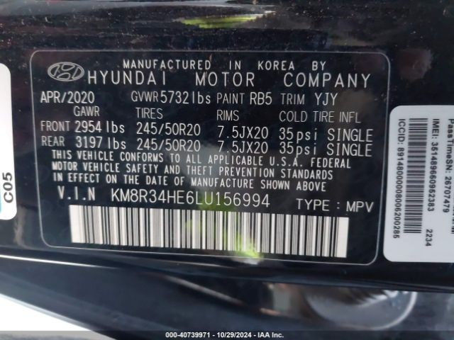 KM8R34HE6LU156994 Hyundai Palisade Sel