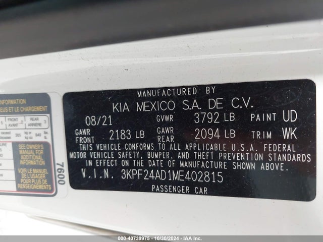 3KPF24AD1ME402815 KIA FORTE FE