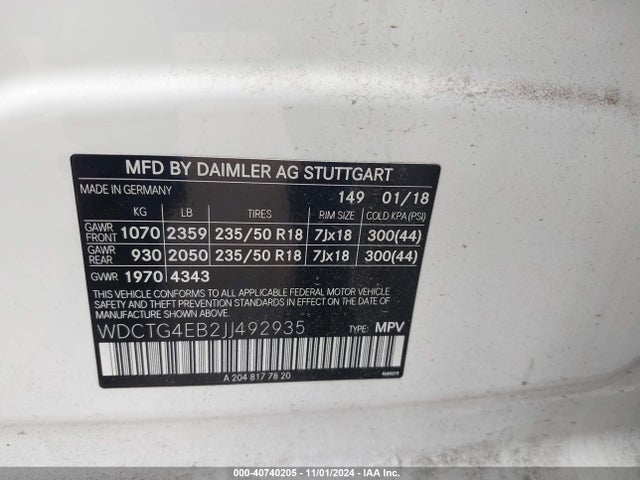 WDCTG4EB2JJ492935 Mercedes-Benz GLA 250