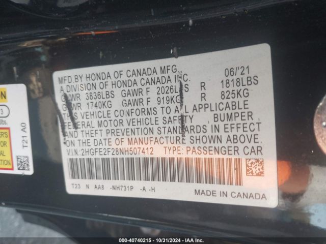 2HGFE2F28NH507412 Honda Civic Lx