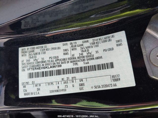 1FTER4EH6KLA96199 Ford Ranger Lariat