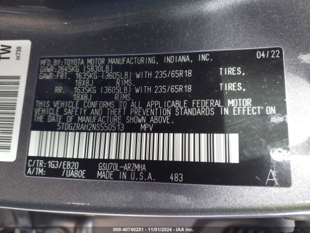 5TDGZRAH2NS550513 Toyota Highlander Xle