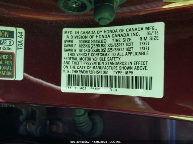 2HKRM3H72FH541061 Honda Cr-v Ex-l