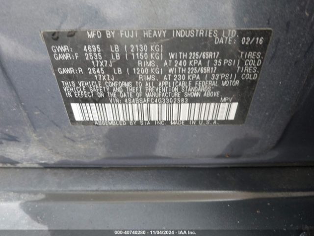 4S4BSAFC4G3302583 Subaru Outback 2.5i Premium
