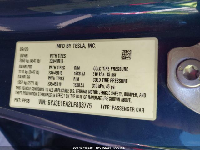 5YJ3E1EA2LF803775 Tesla Model 3 Standard Range Plus Rear-wheel Drive/standard Range Rear-wheel Drive
