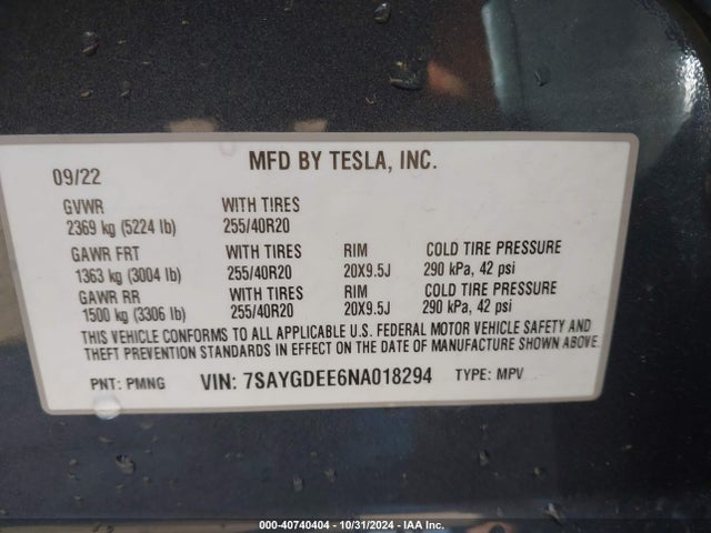 2022 TESLA MODEL Y 7SAYGDEE6NA018294 Photo 8