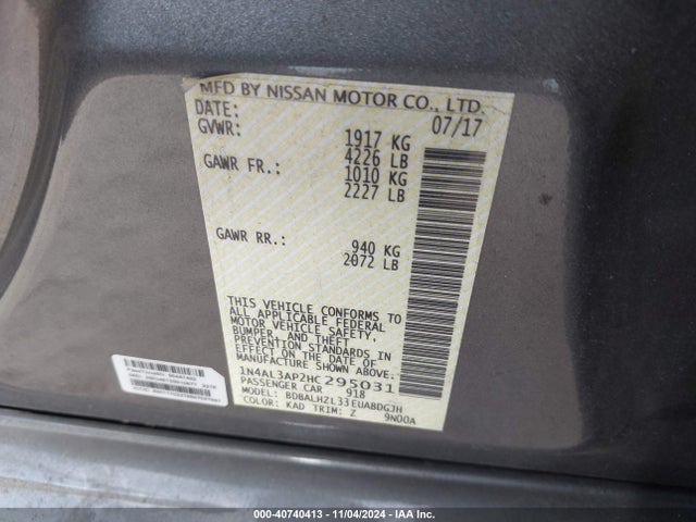 Nissan Altima 2.5 Sr 2017 1N4AL3AP2HC295031 Image 9