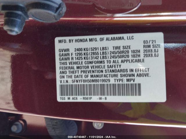 5FNYF8H50MB019929 Honda Passport Awd Ex-l