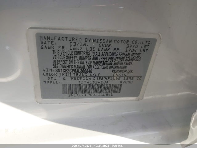 3N1CE2CP6JL366846 Nissan Versa Note Sv
