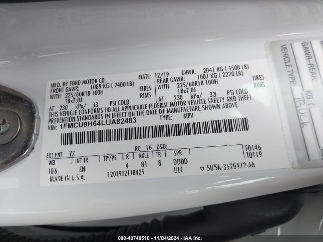 Ford ESCAPE SEL 2020 1FMCU9H64LUA82483 Image 9