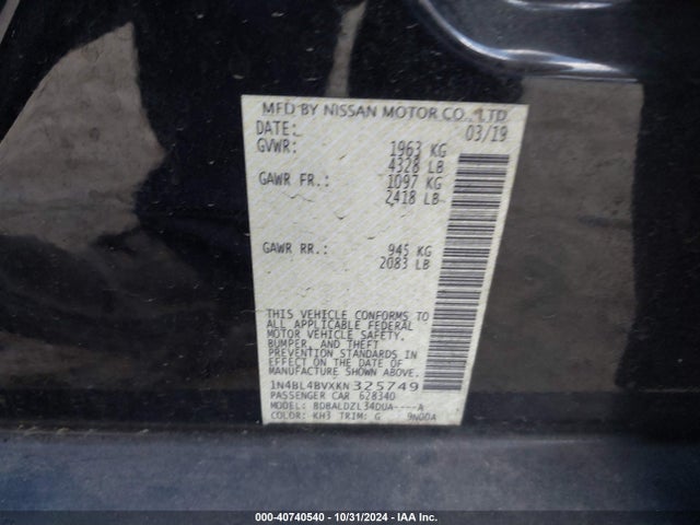 Nissan Altima 2.5 S 2019 1N4BL4BVXKN325749 Image 9