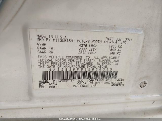 2011 MITSUBISHI GALANT 4A32B2FF0BE030385 Photo 8