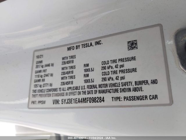5YJ3E1EA4MF098284 Tesla Model 3 Standard Range Plus Rear-wheel Drive