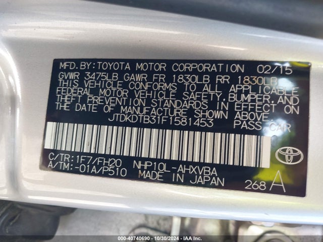 JTDKDTB31F1581453 Toyota Prius C One
