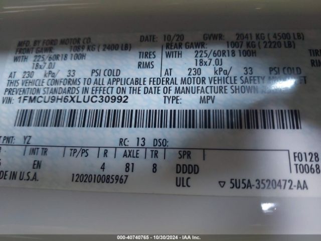 1FMCU9H6XLUC30992 Ford ESCAPE SEL