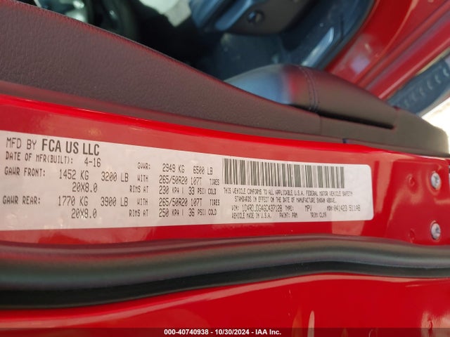 Dodge DURANGO LIMITED 2016 1C4RDJDG4GC437128 Image 9