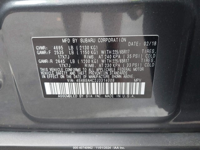 Subaru Outback 2.5i Premium 2018 4S4BSAHC2J3314008 Image 9