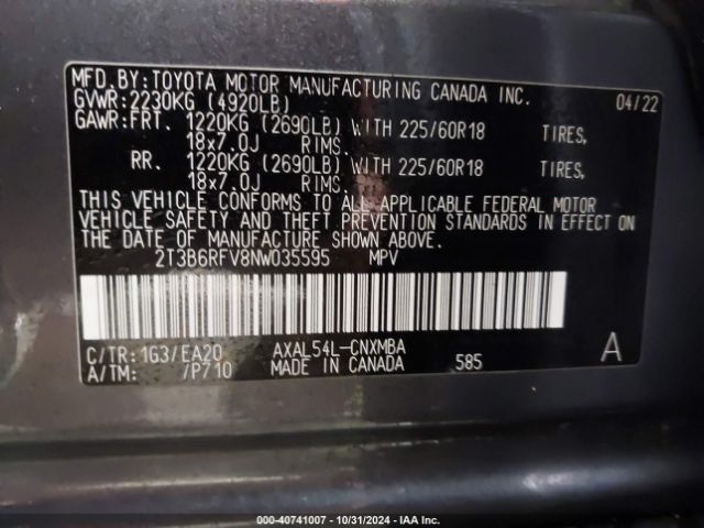 2T3B6RFV8NW035595 Toyota Rav4 Hybrid Xle Premium