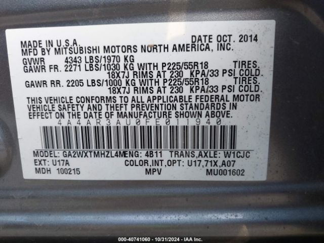 4A4AR3AU0FE011940 Mitsubishi Outlander Sport Es