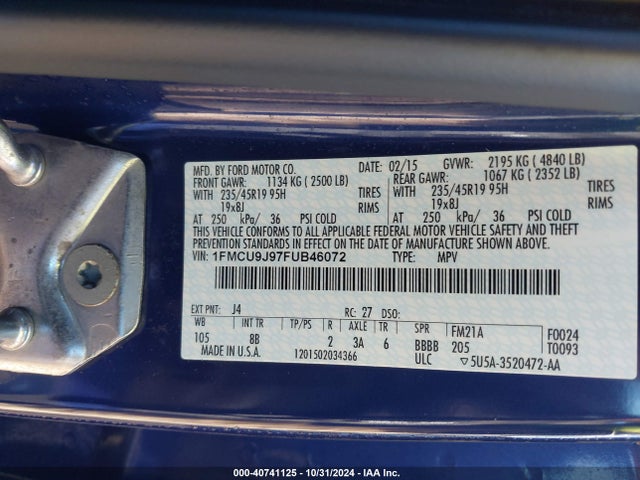 Ford Escape Titanium 2015 1FMCU9J97FUB46072 Image 9