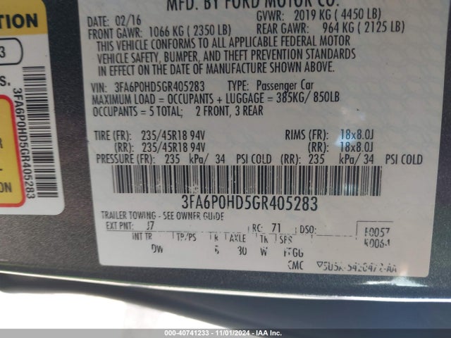 Ford FUSION SE 2016 3FA6P0HD5GR405283 Image 9