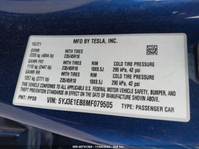 5YJ3E1EB8MF079505 Tesla Model 3 Long Range Dual Motor All-wheel Drive