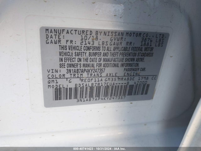 Nissan SENTRA S 2019 3N1AB7AP4KY247357 Image 9