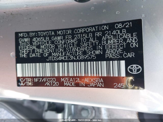 Toyota COROLLA SE 2022 JTDS4MCE3NJ089575 Image 9