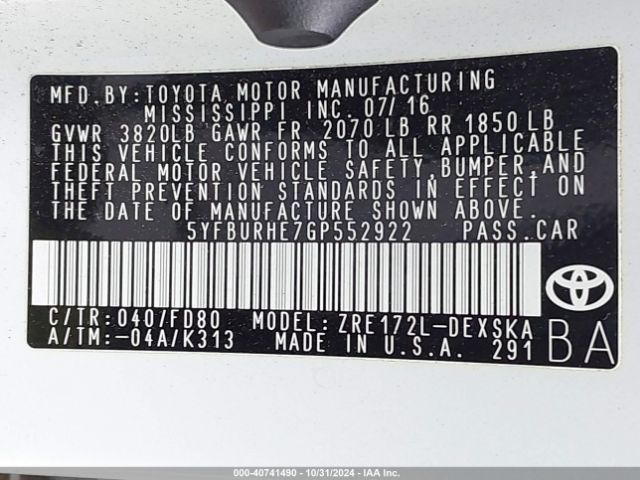 5YFBURHE7GP552922 Toyota Corolla S Plus