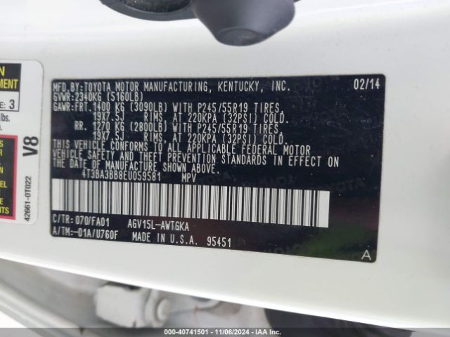 4T3BA3BB8EU059581 Toyota VENZA LE