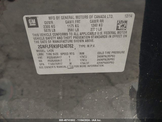 Chevrolet EQUINOX 1LT 2015 2GNFLFEK9F6246762 Image 9