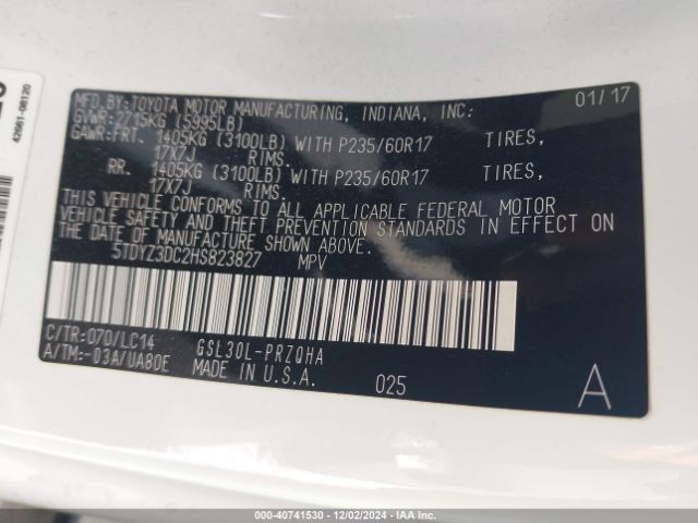5TDYZ3DC2HS823827 Toyota Sienna Xle 8 Passenger