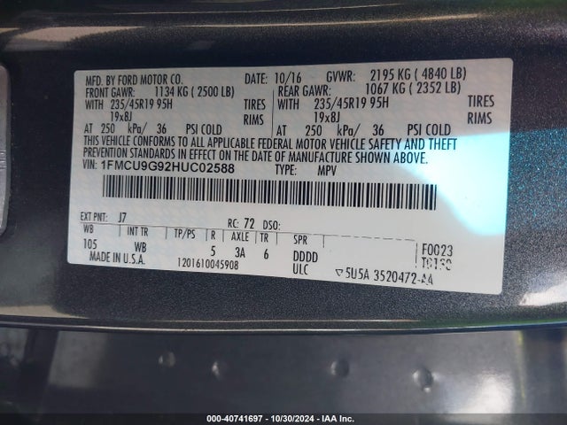 Ford ESCAPE SE 2017 1FMCU9G92HUC02588 Image 9