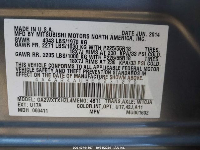 4A4AR4AU6EE031078 Mitsubishi Outlander Sport Se