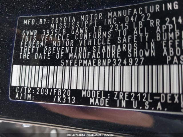 5YFEPMAE8NP324927 Toyota COROLLA LE