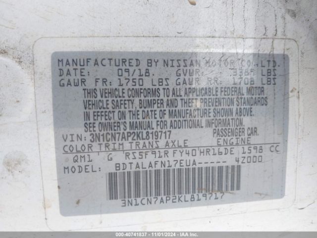 3N1CN7AP2KL819717 Nissan Versa 1.6 S