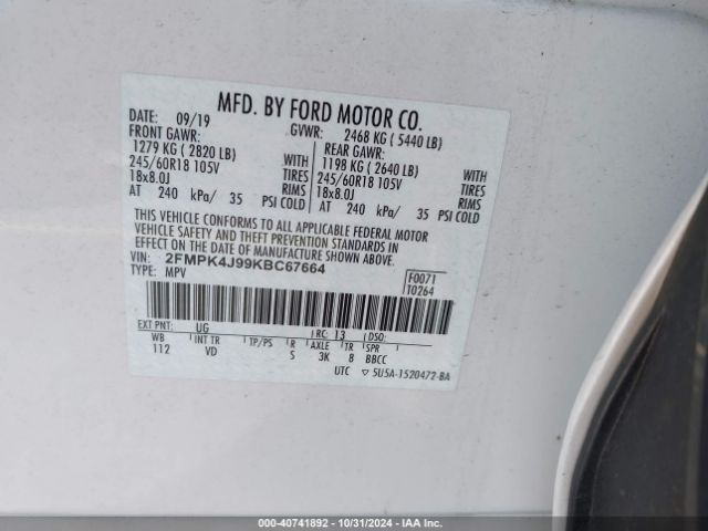 2FMPK4J99KBC67664 Ford EDGE SEL