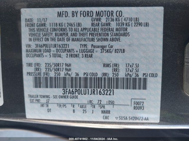 3FA6P0LU1JR163221 Ford Fusion Hybrid Se