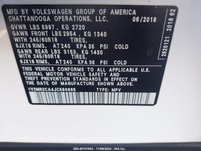 1V2MR2CA4JC580665 Volkswagen Atlas 3.6l V6 Sel