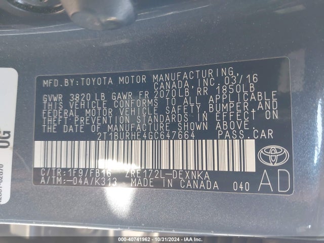 Toyota COROLLA LE 2016 2T1BURHE4GC647664 Image 9