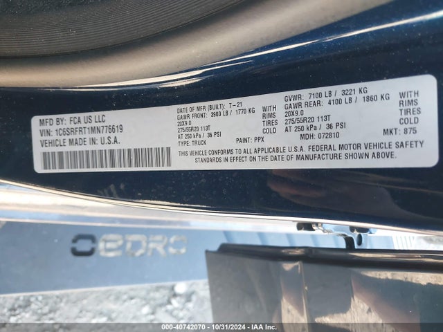 1C6SRFRT1MN776619 RAM 1500 Laramie  4x4 6'4 Box